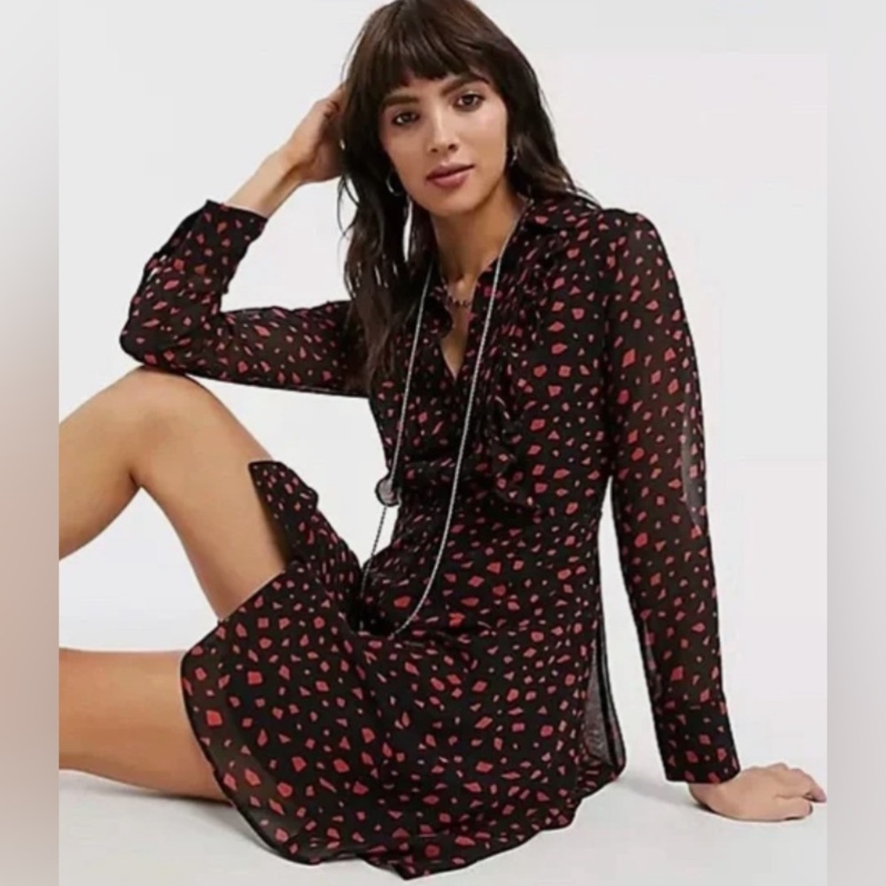 TopShop NWOT Sheer Black Red Button Up Ruffled Shirt Dress Size 6